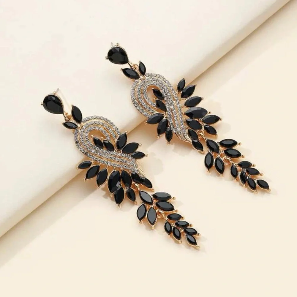 Rhinestone Leaf Drop Earrings - Picture 1 of 5